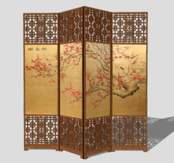 中式梅花四扇屏风SU模型下载_sketchup草图大师SKP模型
