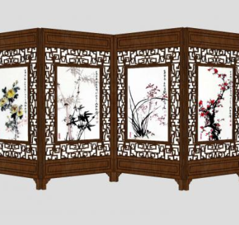 中式书法水墨画四扇屛SU模型下载_sketchup草图大师SKP模型