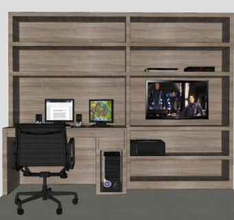 木质电脑桌和书架SU模型下载_sketchup草图大师SKP模型