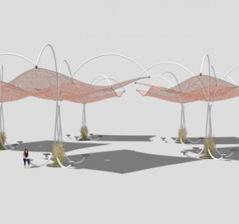 橘红色景观张拉膜棚SU模型下载_sketchup草图大师SKP模型