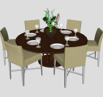实木圆桌餐椅和餐具摆件SU模型下载_sketchup草图大师SKP模型