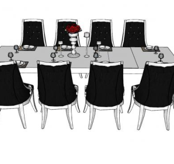 十人座欧式餐桌椅和餐具SU模型下载_sketchup草图大师SKP模型