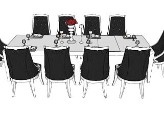 十人座欧式餐桌椅和餐具SU模型下载_sketchup草图大师SKP模型
