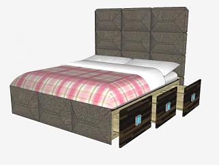 木板双人床床铺带抽屉SU模型下载_sketchup草图大师SKP模型