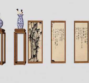 中式挂画花几瓷瓶和卷轴SU模型下载_sketchup草图大师SKP模型