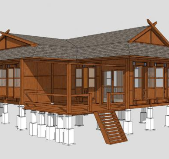 豪华私人架高木屋别墅SU模型下载_sketchup草图大师SKP模型