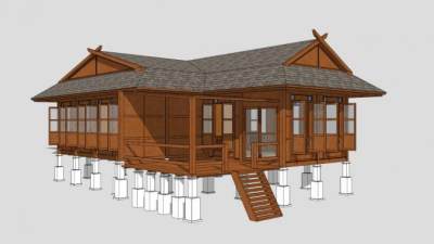 豪华私人架高木屋别墅SU模型下载_sketchup草图大师SKP模型