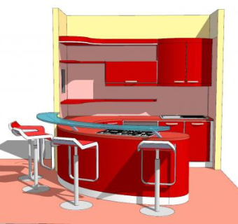 红色弧形开放式厨房吧台椅SU模型下载_sketchup草图大师SKP模型