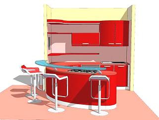 红色弧形开放式厨房吧台椅SU模型下载_sketchup草图大师SKP模型