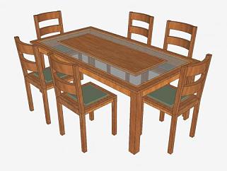 木质六人餐桌椅家具SU模型下载_sketchup草图大师SKP模型