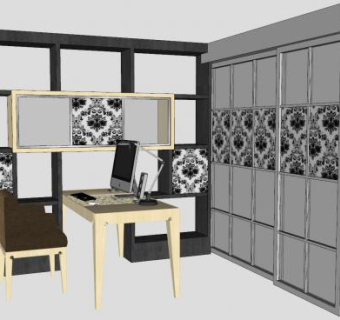 书架写字台桌椅和移门SU模型下载_sketchup草图大师SKP模型