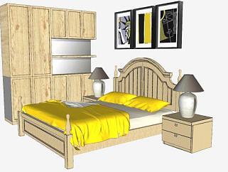 木制欧式床具衣柜和挂画SU模型下载_sketchup草图大师SKP模型