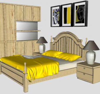 木制欧式床具衣柜和挂画SU模型下载_sketchup草图大师SKP模型