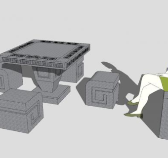 户外石造桌椅组合SU模型下载_sketchup草图大师SKP模型
