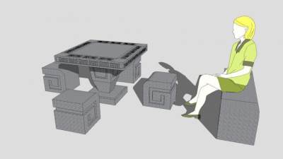 户外石造桌椅组合SU模型下载_sketchup草图大师SKP模型