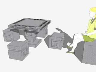 户外石造桌椅组合SU模型下载_sketchup草图大师SKP模型