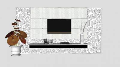 欧式雕花电视背景墙电视柜花盆花瓶SU模型下载_sketchup草图大师SKP模型