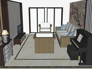 中式客厅家具装饰SU模型下载_sketchup草图大师SKP模型