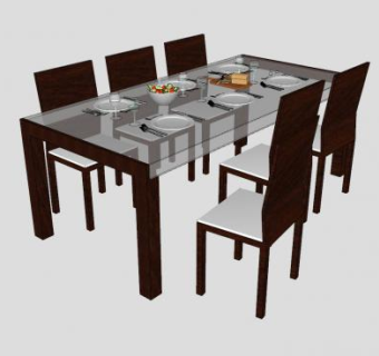 木制餐椅玻璃餐桌SU模型下载_sketchup草图大师SKP模型