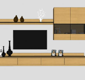 木制电视柜和工艺摆件SU模型下载_sketchup草图大师SKP模型