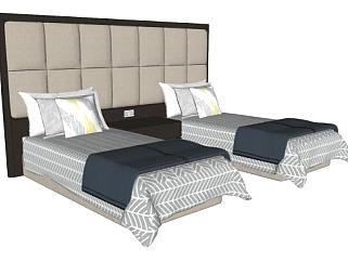 旅社酒店标准双人间床铺家具下载_sketchup草图大师SKP模型