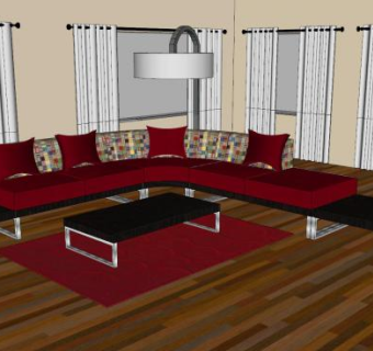 现代L型红色沙发茶几家具SU模型下载_sketchup草图大师SKP模型