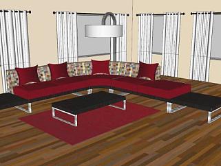 现代L型红色沙发茶几家具SU模型下载_sketchup草图大师SKP模型