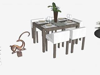 餐桌椅花盆植物盆栽小鹿雕塑工艺品SU模型下载_sketchup草图大师SKP模型