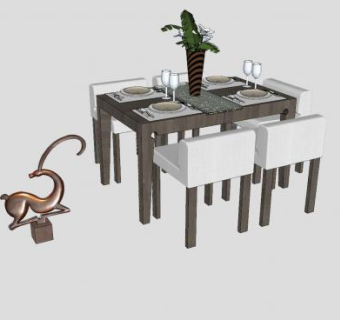 餐桌椅花盆植物盆栽小鹿雕塑工艺品SU模型下载_sketchup草图大师SKP模型