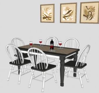 欧式餐桌椅和照片墙相框SU模型下载_sketchup草图大师SKP模型