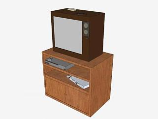 棕色老电视机和电视机柜SU模型下载_sketchup草图大师SKP模型