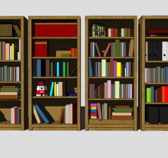 四个木制书柜书架SU模型下载_sketchup草图大师SKP模型
