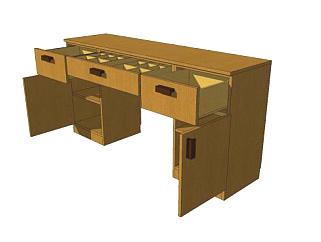 打开抽屉的木制书桌写字桌子SU模型下载_sketchup草图大师SKP模型