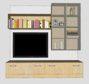 木制电视柜和书本SU模型下载_sketchup草图大师SKP模型
