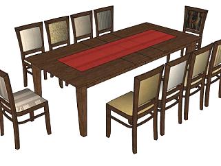 方形木制餐桌椅家具SU模型下载_sketchup草图大师SKP模型