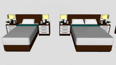 木制酒店床具床头柜灯SU模型下载_sketchup草图大师SKP模型