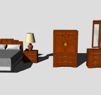 中式木床铺柜子梳妆台SU模型下载_sketchup草图大师SKP模型