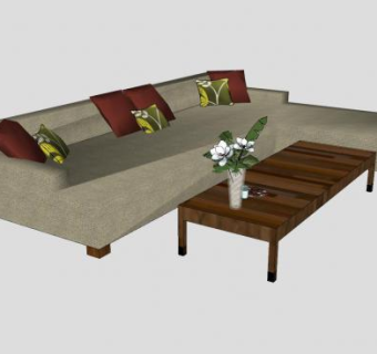 L型沙发木制茶桌茶几SU模型下载_sketchup草图大师SKP模型