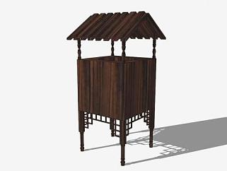公园复古中式垃圾桶SU模型下载_sketchup草图大师SKP模型