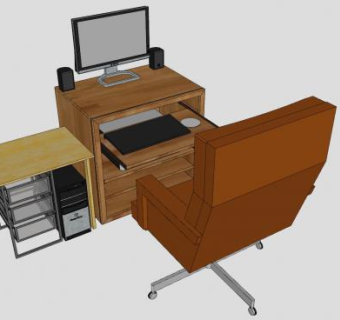 木制电脑桌和主机箱SU模型下载_sketchup草图大师SKP模型