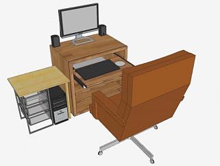 木制电脑桌和主机箱SU模型下载_sketchup草图大师SKP模型