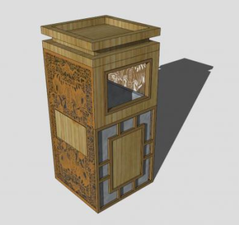 复古中式废物箱垃圾桶SU模型下载_sketchup草图大师SKP模型