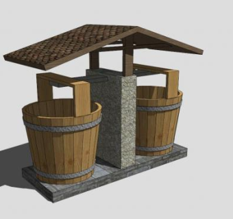 中式复古废物箱垃圾桶SU模型下载_sketchup草图大师SKP模型