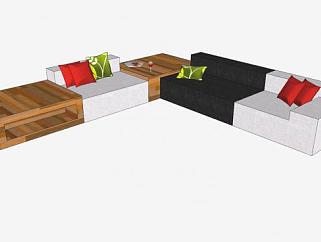 黑白沙发和木制沙发组合SU模型下载_sketchup草图大师SKP模型