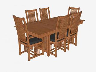 6人座实木餐桌椅家具SU模型下载_sketchup草图大师SKP模型