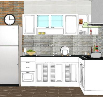 L型厨房橱柜冰箱吊柜SU模型下载_sketchup草图大师SKP模型