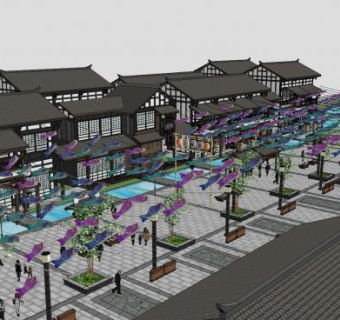 日本古建商业街鲤鱼旗SU模型下载_sketchup草图大师SKP模型