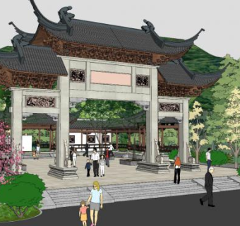 中式连廊牌坊SU模型下载_sketchup草图大师SKP模型