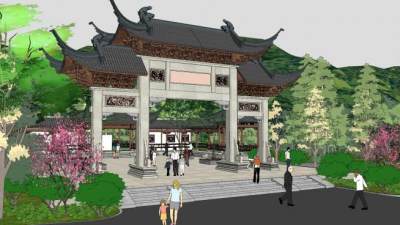 中式连廊牌坊SU模型下载_sketchup草图大师SKP模型