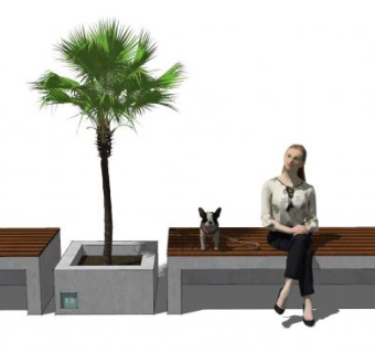 3D白美女狗狗坐姿和户外长椅SU模型下载_sketchup草图大师SKP模型